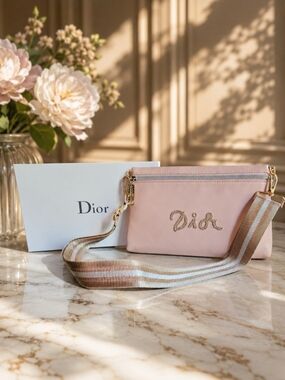 Dior Blush Pink Beaded Logo Crossbody Shoulder Bag with Rose Gold Striped Strap